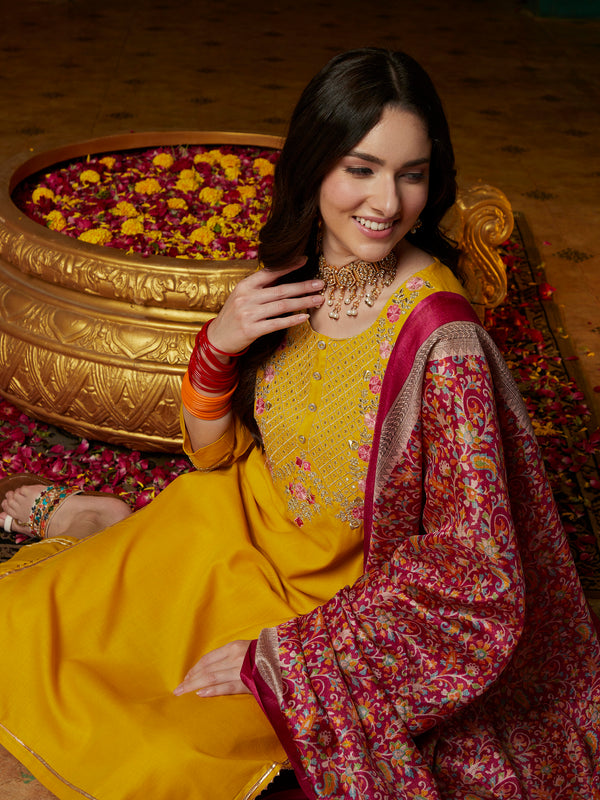 Yellow Floral Embroidered Gotta Patti Straight Kurta & Trouser With Dupatta