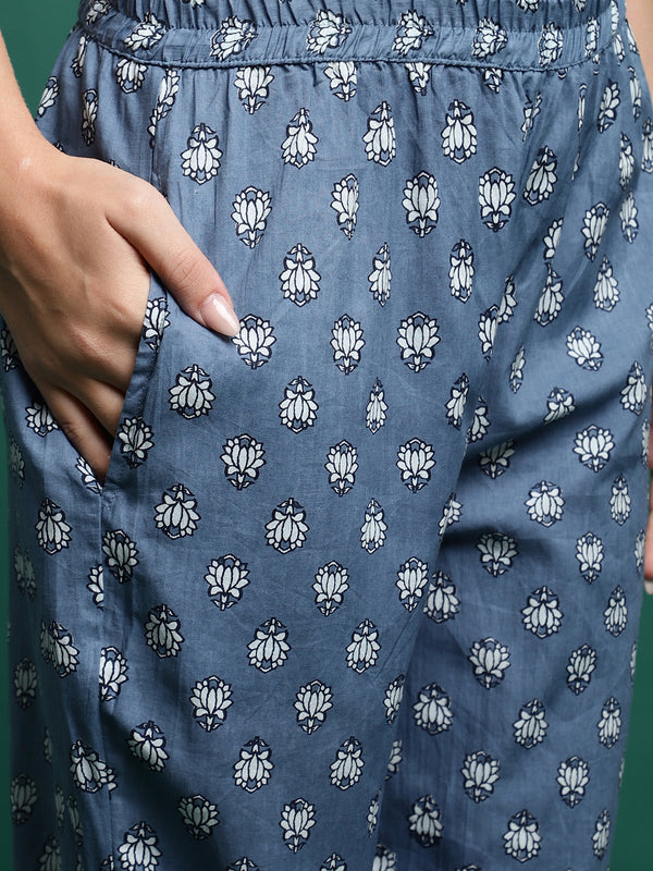 Blue Printed Thread Work Pure Cotton Empire A-Line Kurta with Trousers & Dupatta