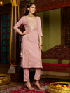 Mauve Ethnic Motifs Embroidered Sequinned Straight Kurta With Trouser & Dupatta