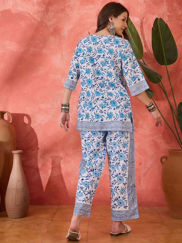 Indira Block Printed Pure Cotton Top with Trouser Co-ord Set