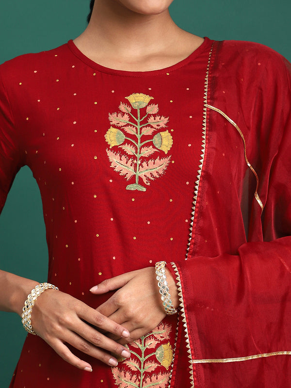 Scarlet Majesty Embroidered 3-Piece Kurta Trouser & Dupatta Set