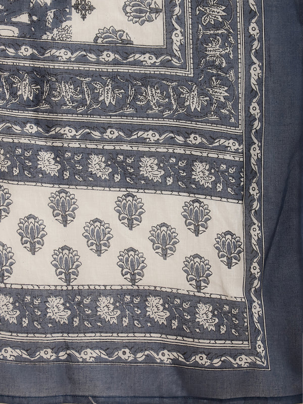 Blue Printed Thread Work Pure Cotton Empire A-Line Kurta with Trousers & Dupatta