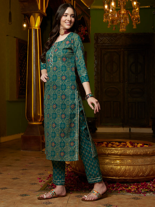 Green Ethnic Motifs Printed Gotta Patti Straight Kurta & Trouser With Dupatta
