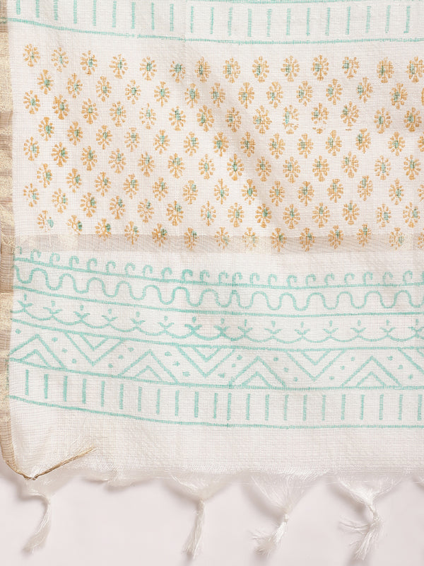 Blue & Gold Ethnic Motifs Printed Pure Cotton Kurta With Trouser & Dupatta