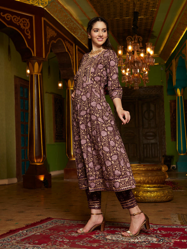 Purple Floral Printed Pure Cotton Anarkali Kurta & Trouser With Dupatta