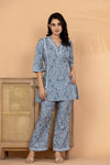 Bandia Women's Grey Muslin Printed Co-Ord Set | V-Neck Flared Kurti with Straight Pants