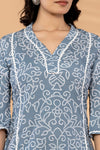 Bandia Women's Grey Muslin Printed Co-Ord Set | V-Neck Flared Kurti with Straight Pants