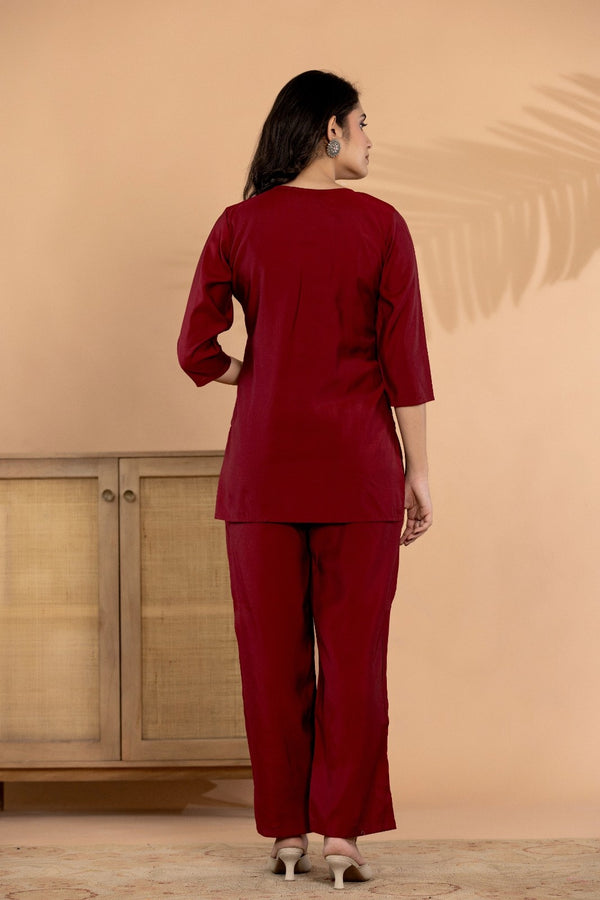 Crimson Elegance – Silk Blend Floral Embroidered Co-Ord Set