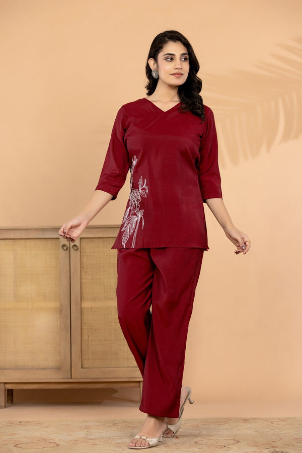 Crimson Elegance – Silk Blend Floral Embroidered Co-Ord Set
