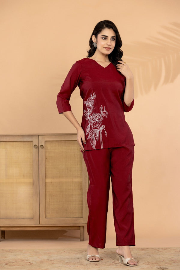Crimson Elegance – Silk Blend Floral Embroidered Co-Ord Set