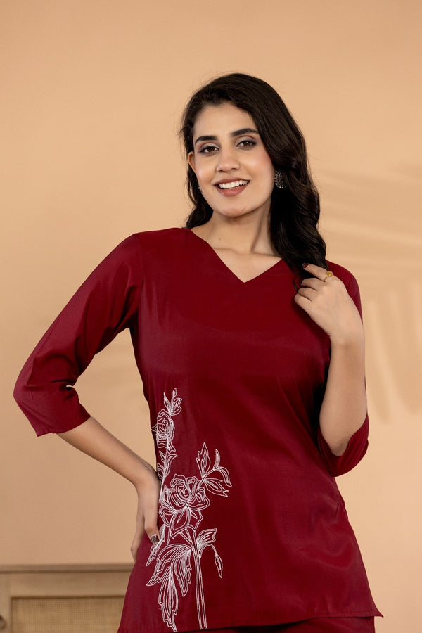 Crimson Elegance – Silk Blend Floral Embroidered Co-Ord Set