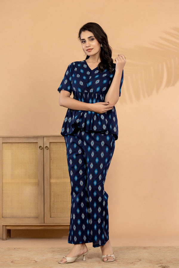 Midnight Ikat – Navy Blue Pure Cotton Printed Co-Ord Set for Women