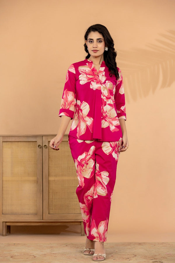 Fuchsia Bloom – Pure Cotton Floral Printed Co-Ord Set for Women