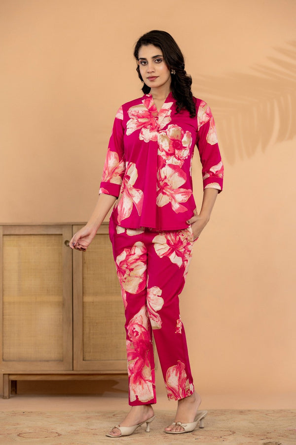 Fuchsia Bloom – Pure Cotton Floral Printed Co-Ord Set for Women