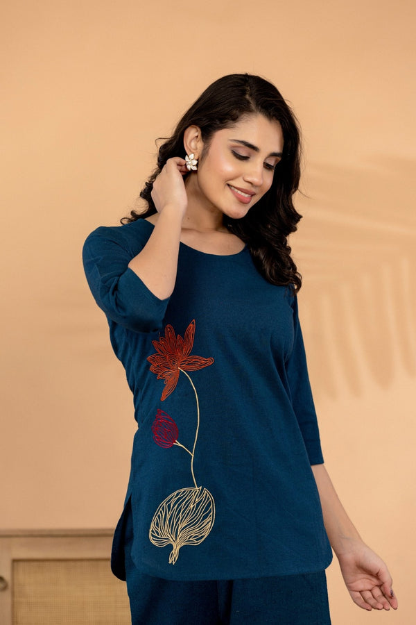 Ocean Grace – Cotton Flex Floral Embroidered Co-Ord Set