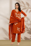 Bandia Luxe Rust Embroidered Kurta Set with Dupatta