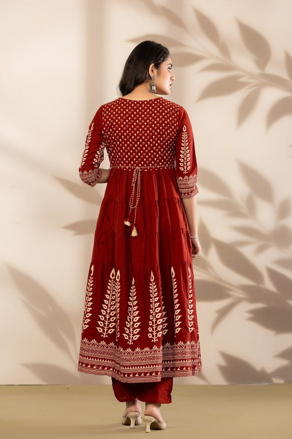 Royale Maroon Printed Anarkali Kurta Set with Dupatta