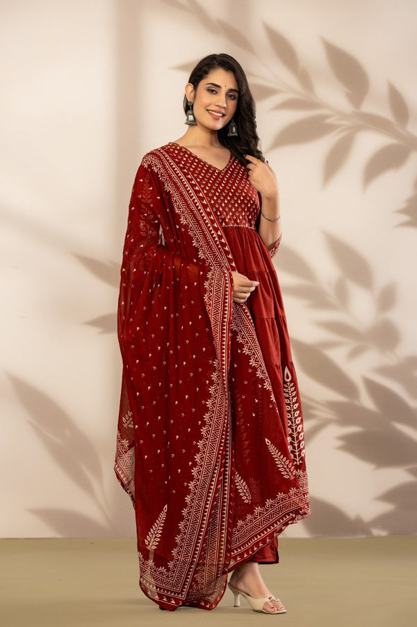 Royale Maroon Printed Anarkali Kurta Set with Dupatta