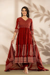 Royale Maroon Printed Anarkali Kurta Set with Dupatta