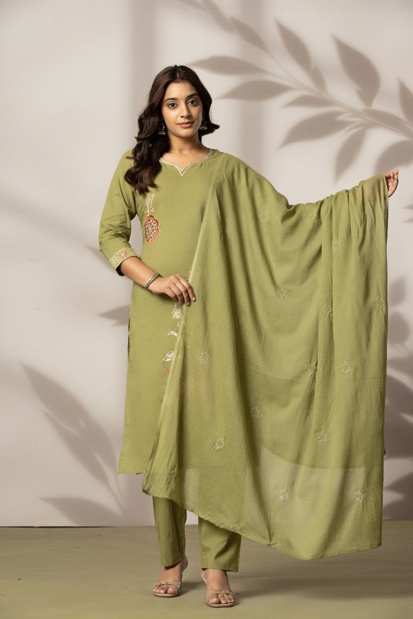 Olive Blossom – Premium Cotton Embroidered Kurta Pant with Dupatta Set
