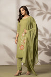 Olive Blossom – Premium Cotton Embroidered Kurta Pant with Dupatta Set