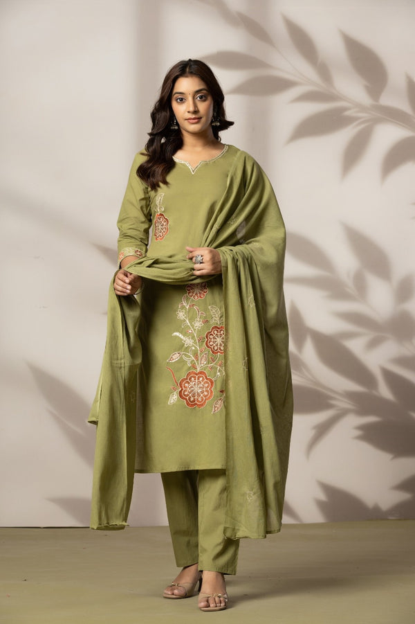Olive Blossom – Premium Cotton Embroidered Kurta Pant with Dupatta Set