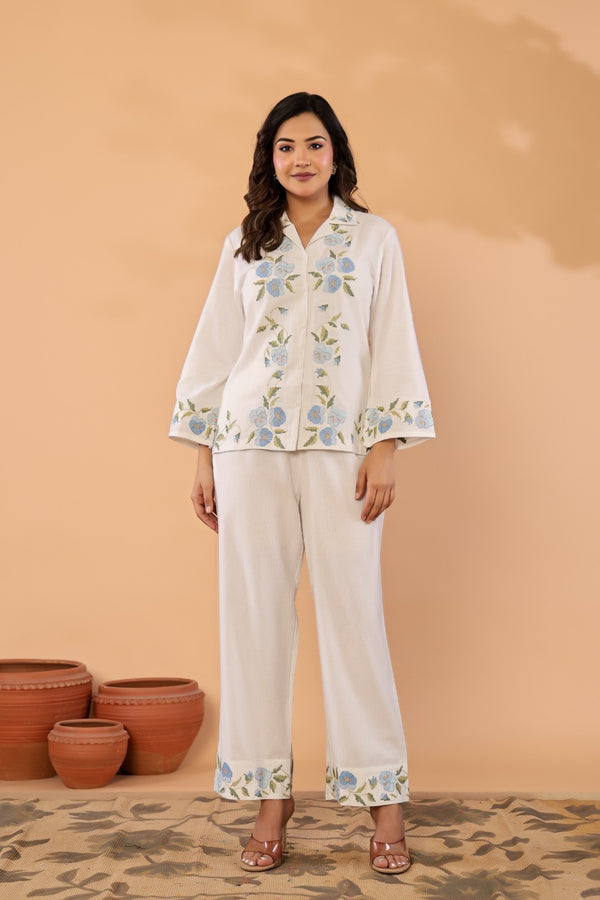 Celeste Bloom – Premium Cotton Flex Embroidered Shirt & Pant Co-Ord Set