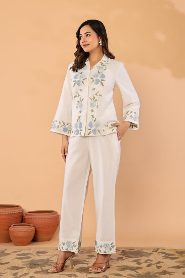 Celeste Bloom – Premium Cotton Flex Embroidered Shirt & Pant Co-Ord Set