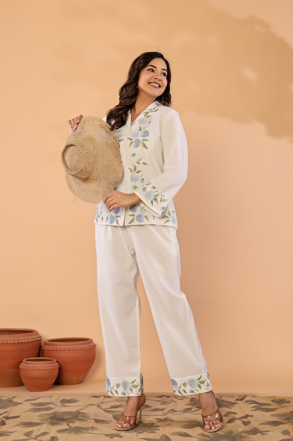Celeste Bloom – Premium Cotton Flex Embroidered Shirt & Pant Co-Ord Set