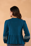 Women Teal Blue Floral Embroidered Peplum Top