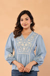 Celeste Bloom – Premium Crape Embroidered V-Neck Top