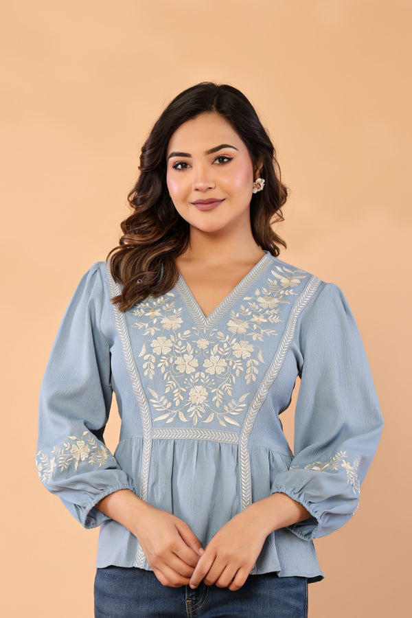 Celeste Bloom – Premium Crape Embroidered V-Neck Top