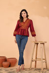 Women V-Neck Embroidered Western Top