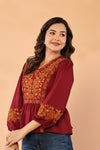 Women V-Neck Embroidered Western Top