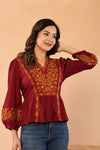Women V-Neck Embroidered Western Top
