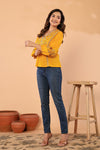 Women’s Mustard Embroidered Crape Top with V-Neck