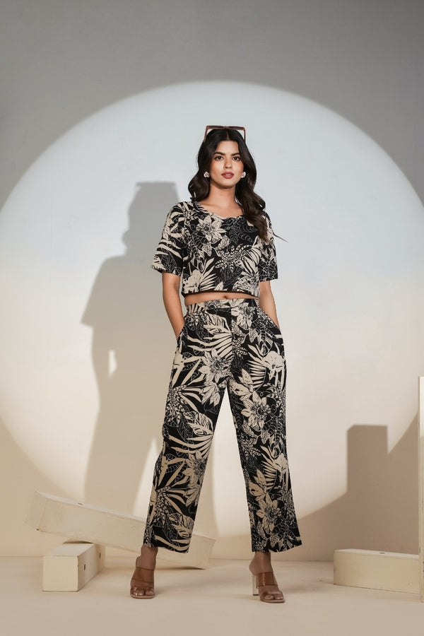 Black Tropical Printed Co-ord Set for Women – Crop Top & Pants