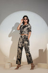 Black Tropical Printed Co-ord Set for Women – Crop Top & Pants