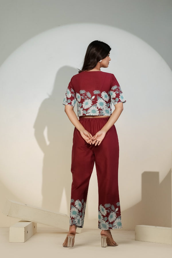 Maroon Floral Printed Co-ord Set for Women – Crop Top & Pants
