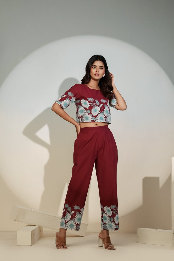 Maroon Floral Printed Co-ord Set for Women – Crop Top & Pants