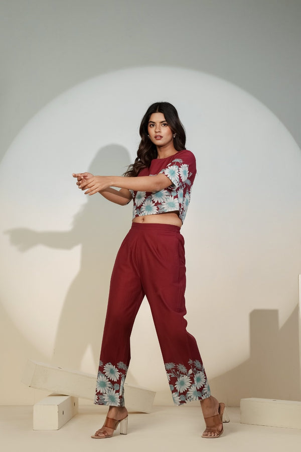 Maroon Floral Printed Co-ord Set for Women – Crop Top & Pants