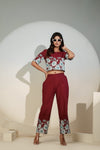 Maroon Floral Printed Co-ord Set for Women – Crop Top & Pants
