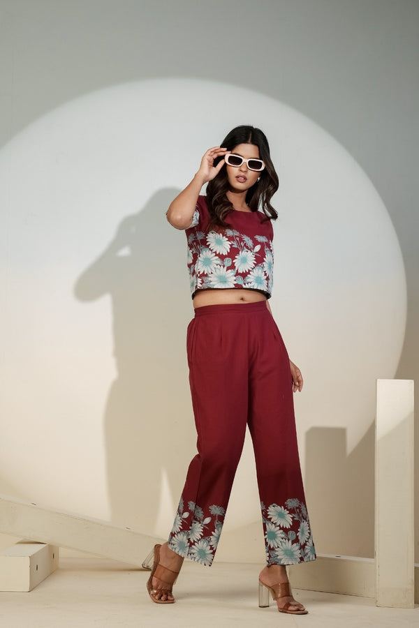 Maroon Floral Printed Co-ord Set for Women – Crop Top & Pants