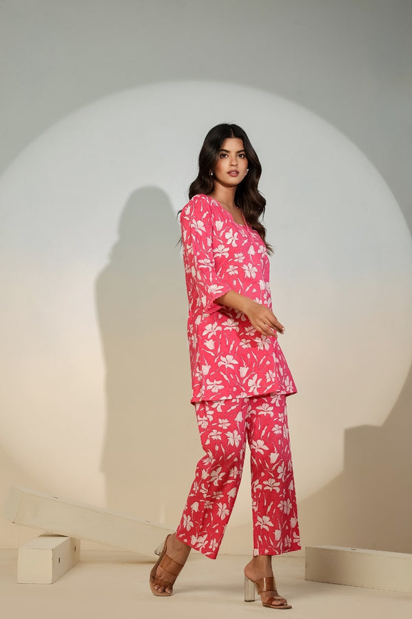 Pink Floral Co-Ord Set for Women – Casual Cotton Lounge Wear