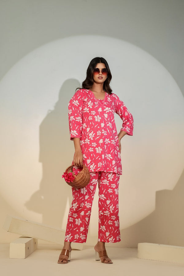 Pink Floral Co-Ord Set for Women – Casual Cotton Lounge Wear