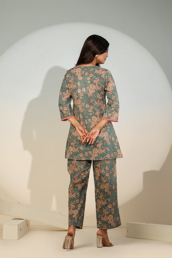 Women’s Teal Floral Co-Ord Set – Printed