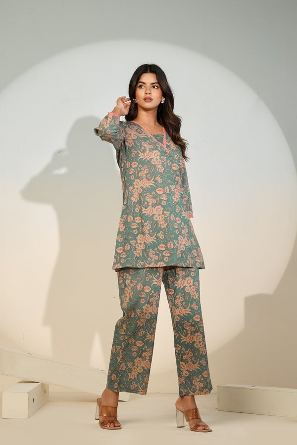Women’s Teal Floral Co-Ord Set – Printed