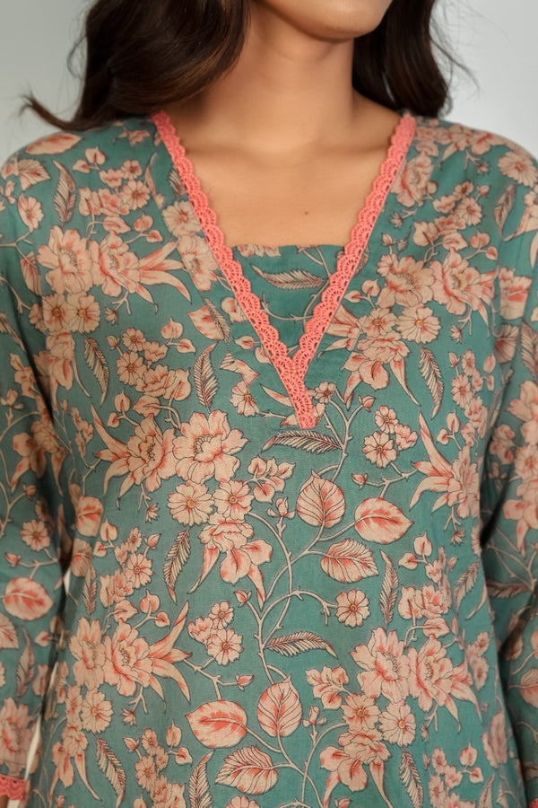 Women’s Teal Floral Co-Ord Set – Printed