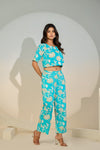 Turquoise Floral Printed Co-ord Set for Women – Crop Top & Pants