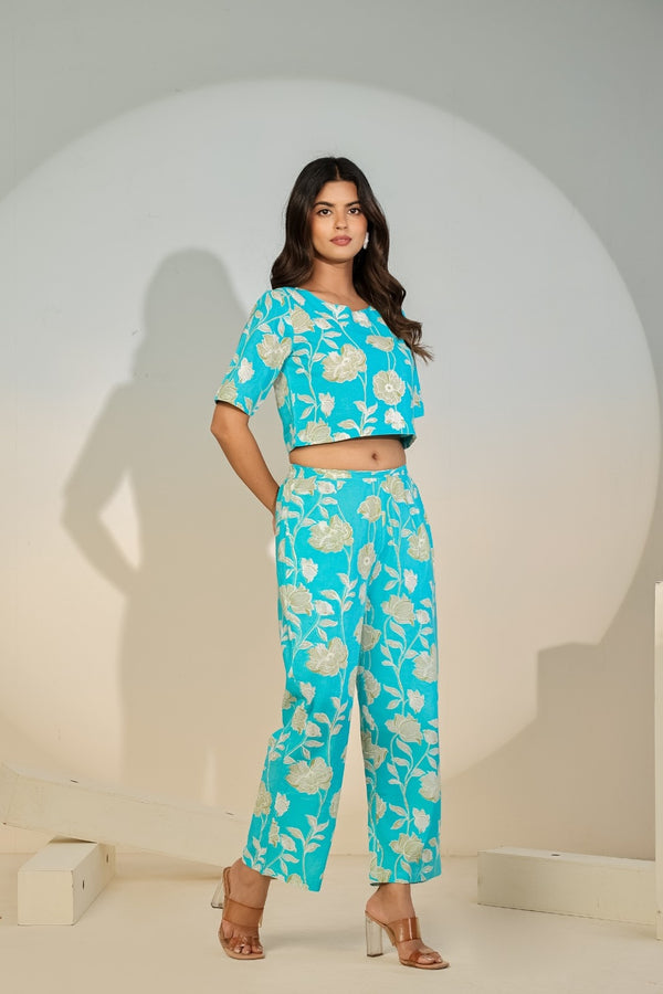 Turquoise Floral Printed Co-ord Set for Women – Crop Top & Pants